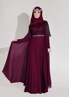 Tesettür giyim BORDO KOLLARI SİM SAÇAK DETAYLI ABİYE ELBİSE 9608 