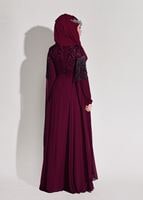 Tesettür giyim BORDO KOLLARI SİM SAÇAK DETAYLI ABİYE ELBİSE 9608 