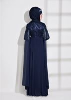 Tesettür giyim LACİVERT KOLLARI SİM SAÇAK DETAYLI ABİYE ELBİSE 9608 