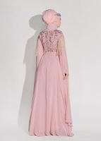 Tesettür giyim PUDRA KOLLARI SİM SAÇAK DETAYLI ABİYE ELBİSE 9608 
