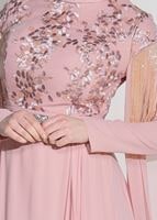 Tesettür giyim PUDRA KOLLARI SİM SAÇAK DETAYLI ABİYE ELBİSE 9608 