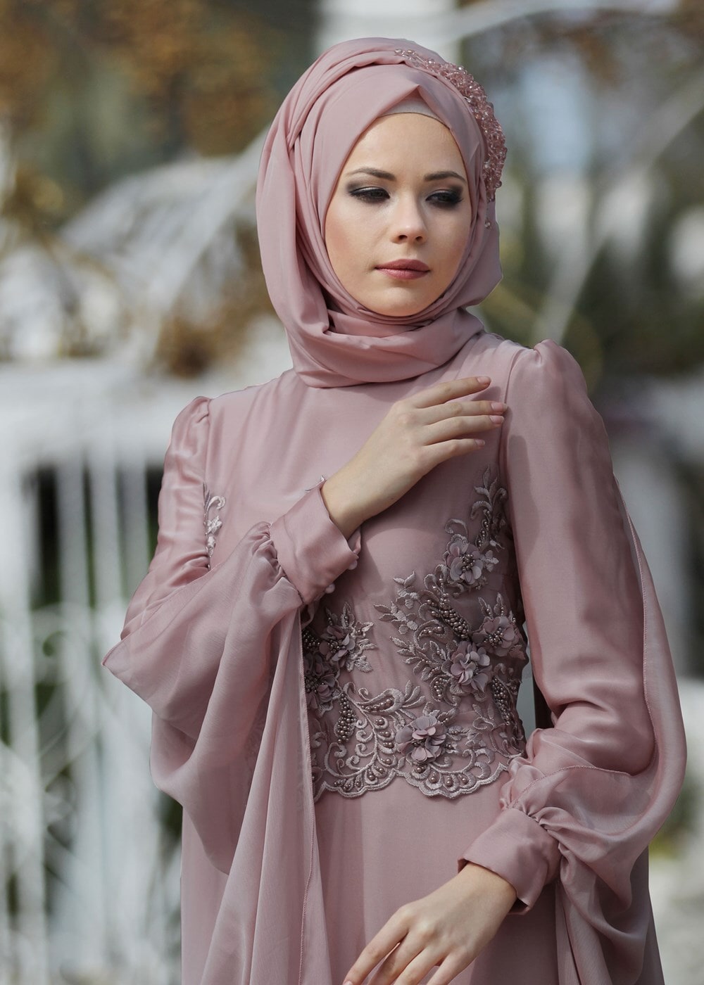 Hijab clothing PINK Cape Detailed Evening Dress 4881 