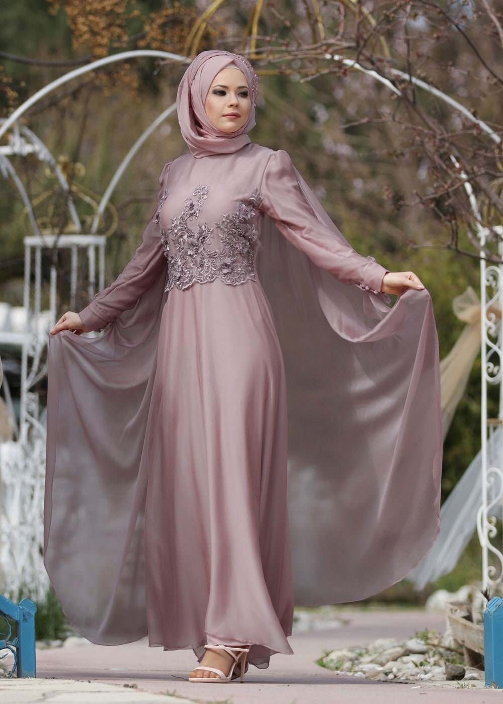 Hijab clothing PINK Cape Detailed Evening Dress 4881 