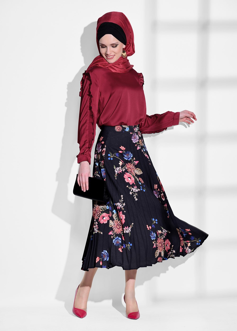 Hijab clothing CLARET RED RUFFLE DETAILED BLOUSE 062310 
