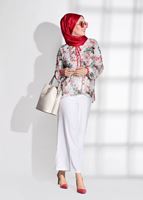 Tesettür giyim KREM DESENLİ ÖNÜ BAĞCIKLI BLUZ 4517-1 