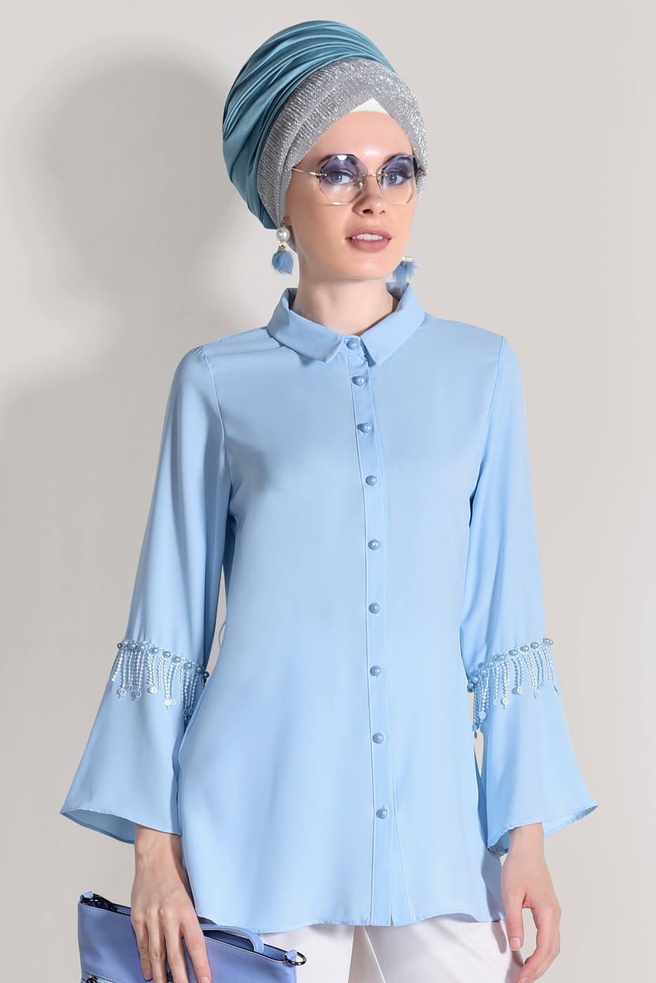 Vêtements hijab BLEU CHEMISIER DÉTAIL PERLÉ 665080