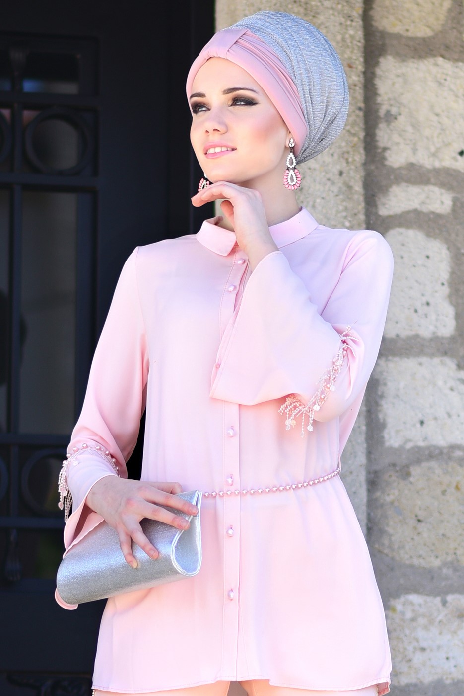 Tesettür giyim PUDRA İNCİ DETAYLI BLUZ 665080