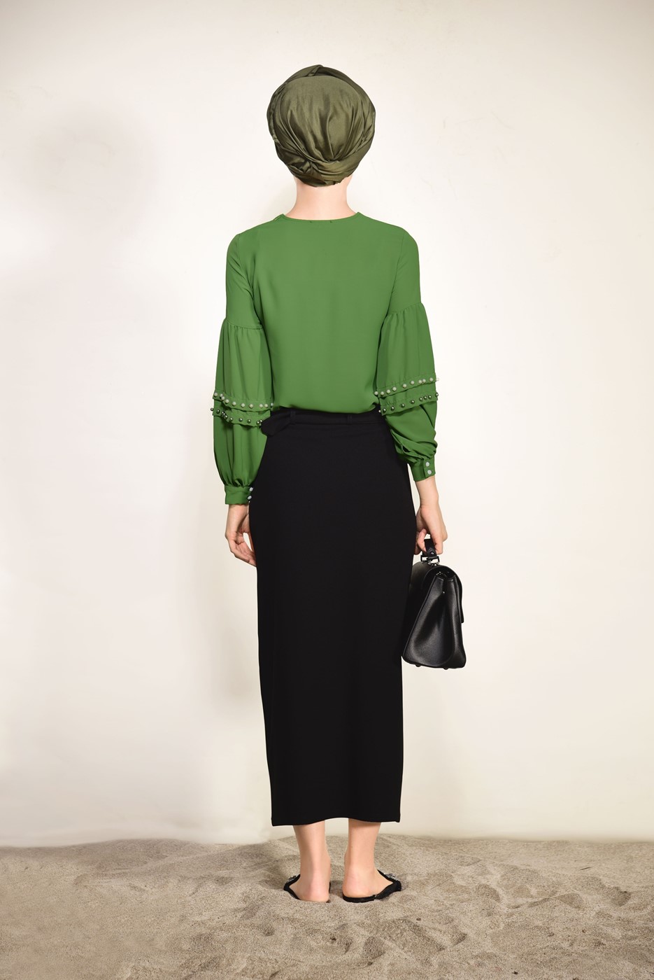 Tesettür giyim YEŞİL BALON KOL İNCİ DETAYLI BLUZ 05261 