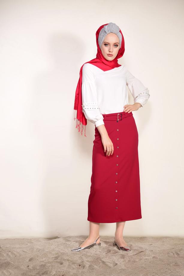 Tesettür giyim  BALON KOL İNCİ DETAYLI BLUZ 05261  - TRENDTESETTÜR