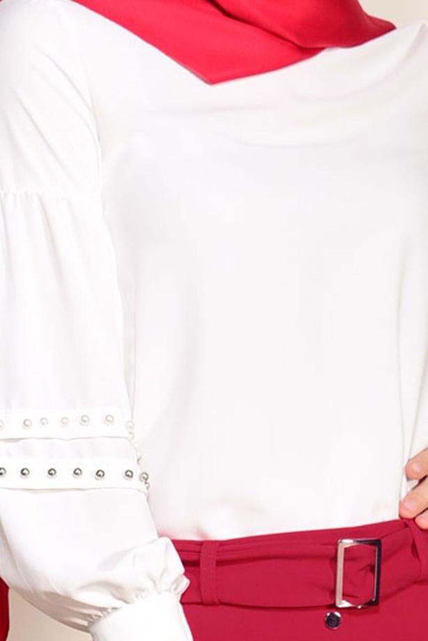 Tesettür giyim  BALON KOL İNCİ DETAYLI BLUZ 05261  - TRENDTESETTÜR