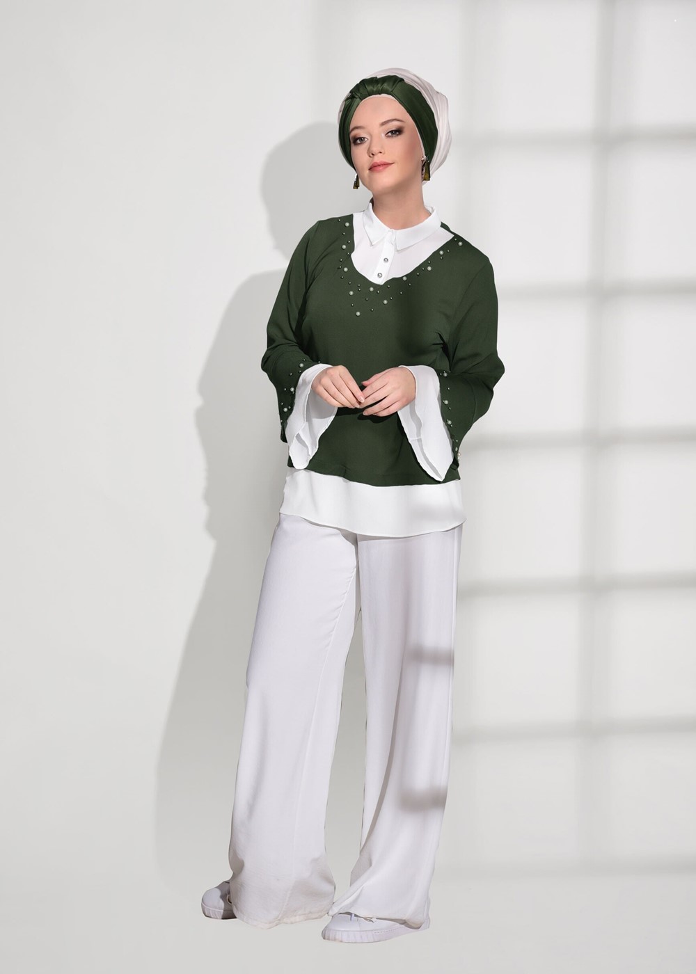 Vêtements hijab KAKI BLOUSE DÉTAIL PERLE 54508