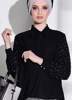 Tesettür giyim SİYAH KENDİNDEN FLARLI BONCUK İŞLEMELİ BLUZ 74261  