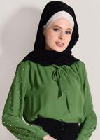 Tesettür giyim YEŞİL KENDİNDEN FLARLI BONCUK İŞLEMELİ BLUZ 74261  