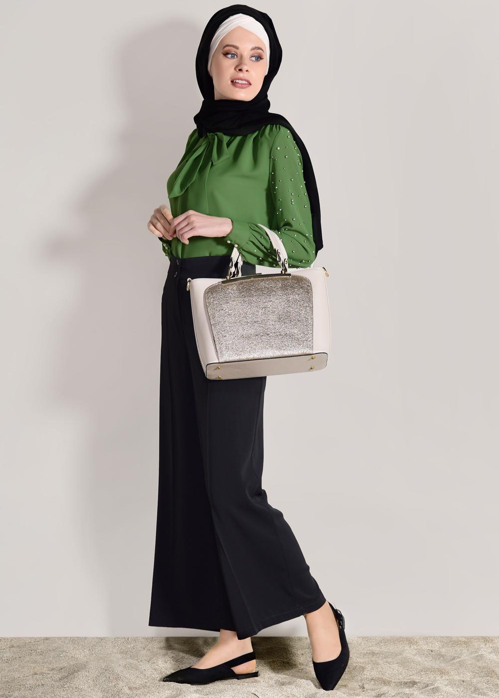 Tesettür giyim YEŞİL KENDİNDEN FLARLI BONCUK İŞLEMELİ BLUZ 74261  