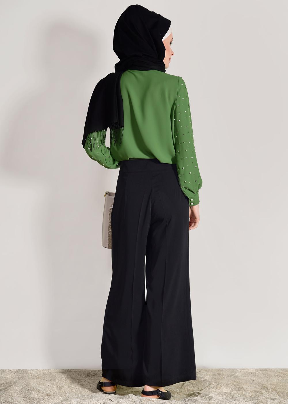 Tesettür giyim YEŞİL KENDİNDEN FLARLI BONCUK İŞLEMELİ BLUZ 74261  