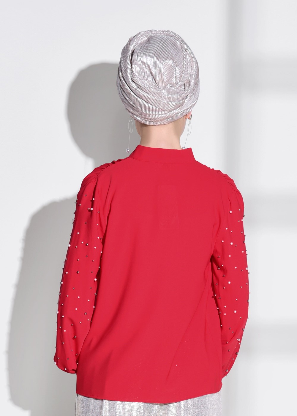 Tesettür giyim KIRMIZI KENDİNDEN FLARLI BONCUK İŞLEMELİ BLUZ 74261  