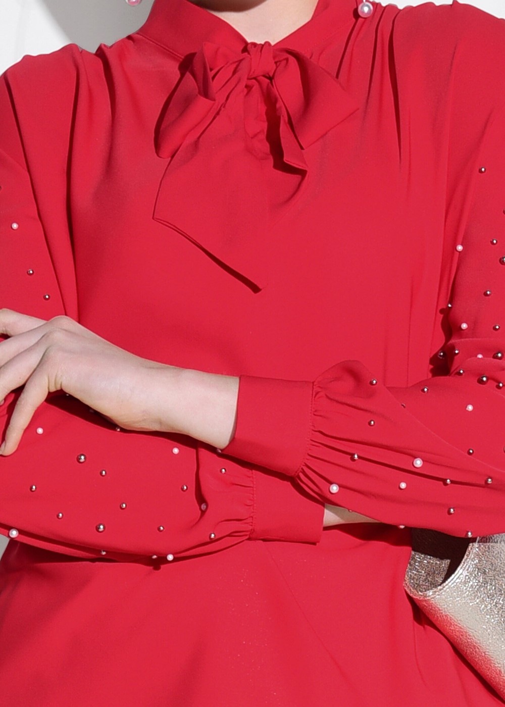 Tesettür giyim KIRMIZI KENDİNDEN FLARLI BONCUK İŞLEMELİ BLUZ 74261  