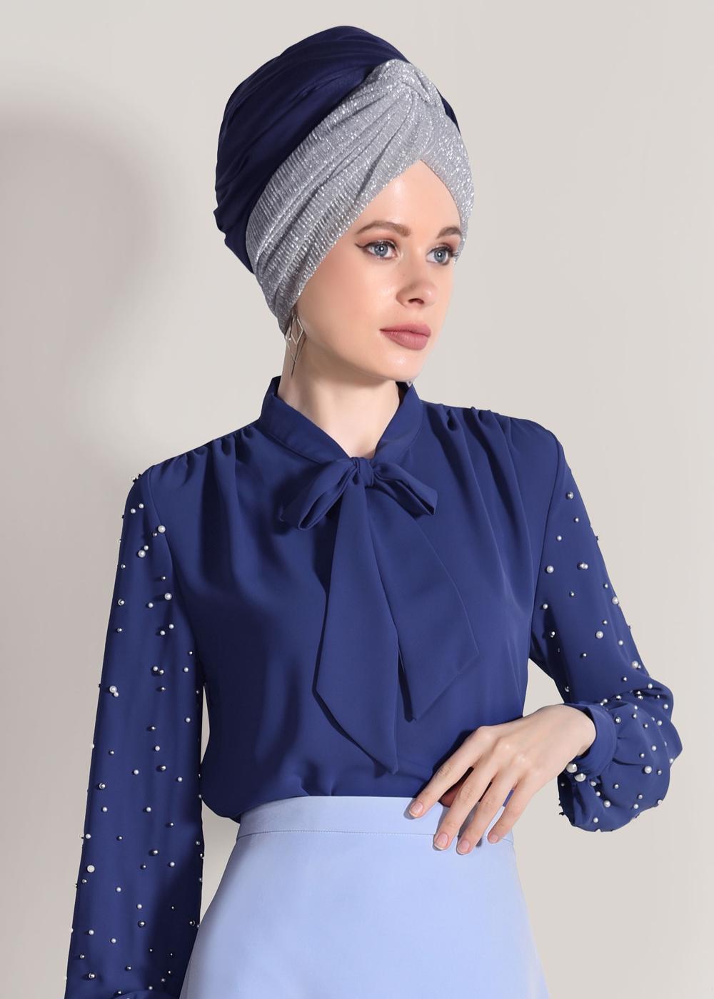 Tesettür giyim LACİVERT KENDİNDEN FLARLI BONCUK İŞLEMELİ BLUZ 74261  