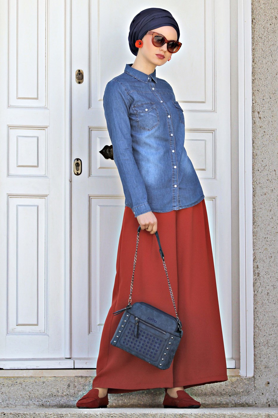 Tesettür giyim MAVİ CEP DETAYLI DENİM BLUZ 281