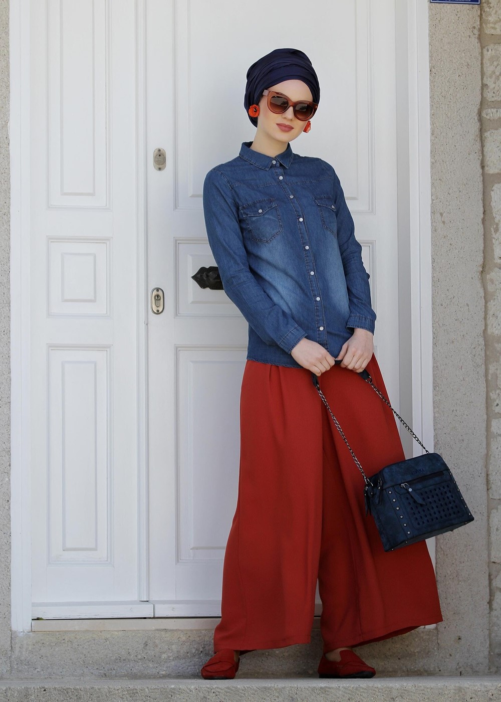 Tesettür giyim LACİVERT CEP DETAYLI DENİM BLUZ 281