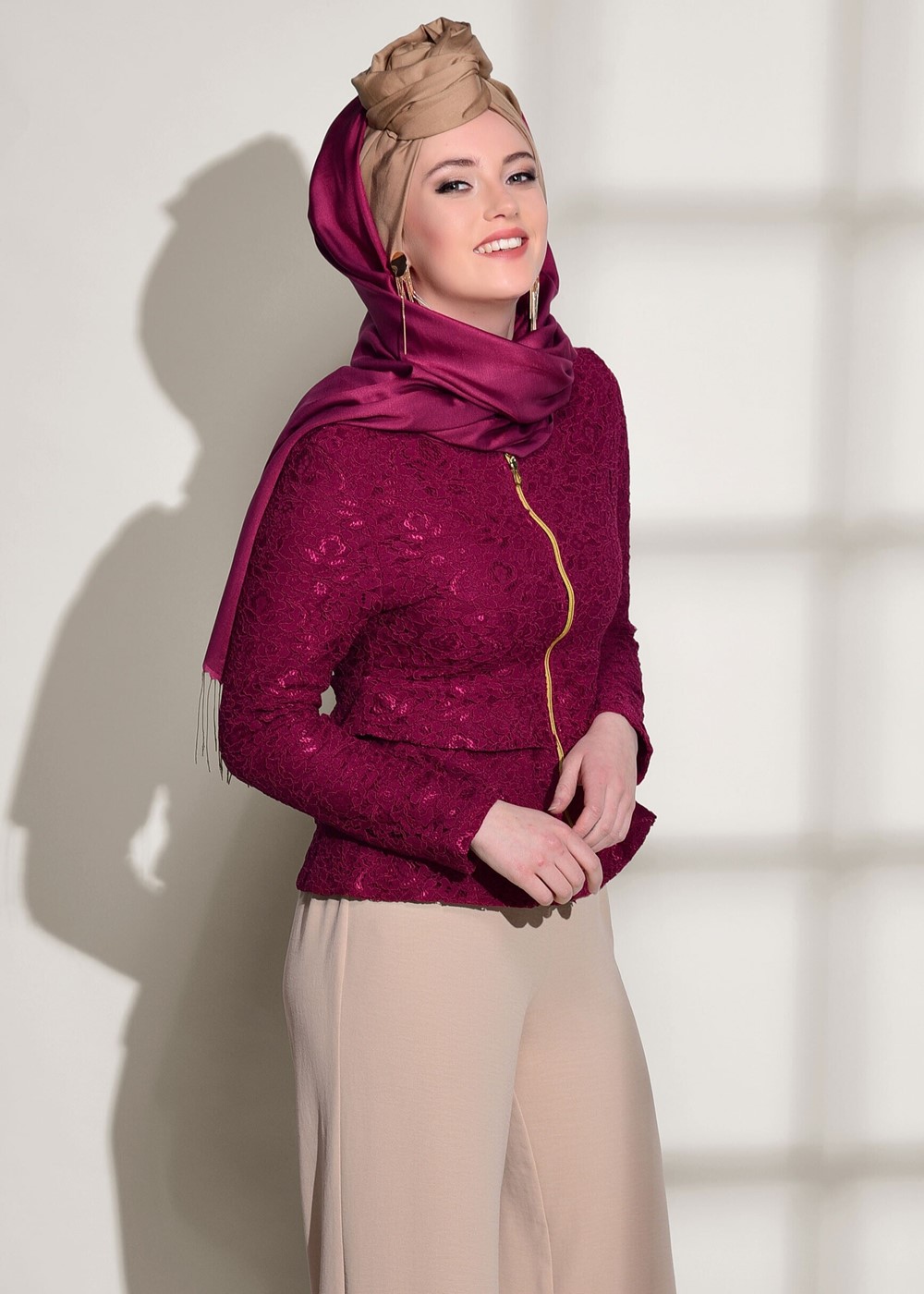 Hijab clothing CLARET RED GUIPURED ZIPPER DETAIL BLOUSE 612 