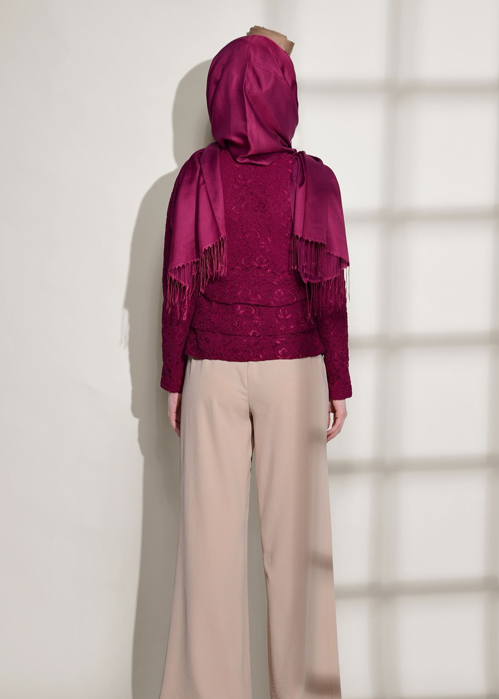 Hijab clothing CLARET RED GUIPURED ZIPPER DETAIL BLOUSE 612 