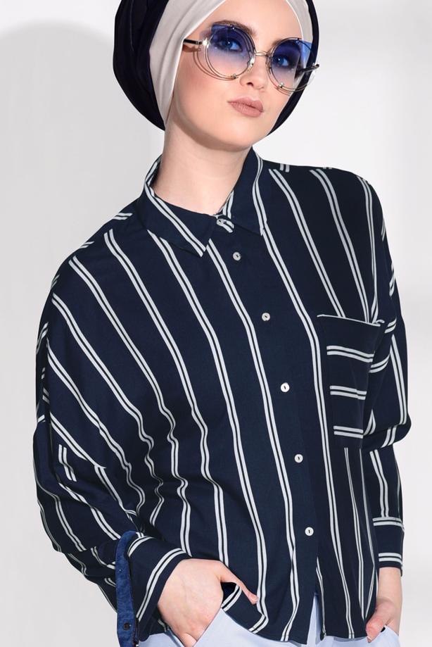 Vêtements hijab  T 0805 Bsm-Çizgi Desenli Bluz - TRENDTESETTÜR