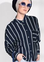 Vêtements hijab BLEU MARINE T 0805 Bsm-Çizgi Desenli Bluz