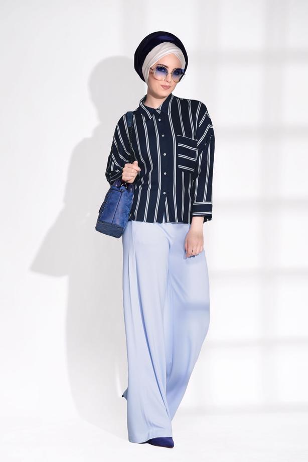 Vêtements hijab  T 0805 Bsm-Çizgi Desenli Bluz - TRENDTESETTÜR
