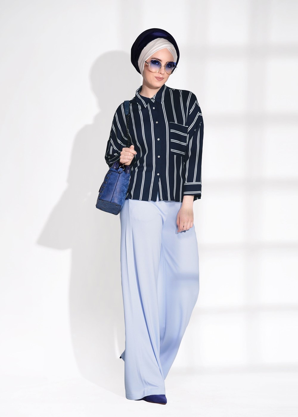 Vêtements hijab BLEU MARINE T 0805 Bsm-Çizgi Desenli Bluz