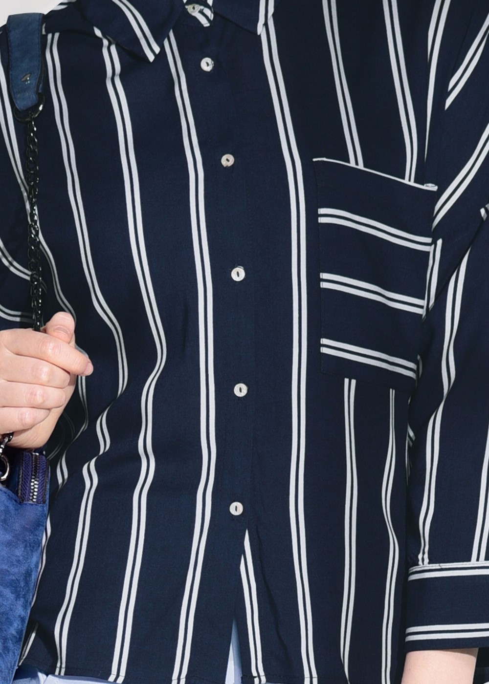 Vêtements hijab BLEU MARINE T 0805 Bsm-Çizgi Desenli Bluz