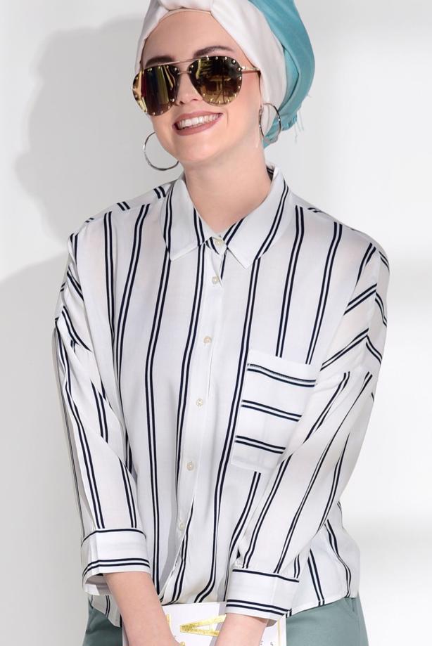 Vêtements hijab  T 0805 Bsm-Çizgi Desenli Bluz - TRENDTESETTÜR