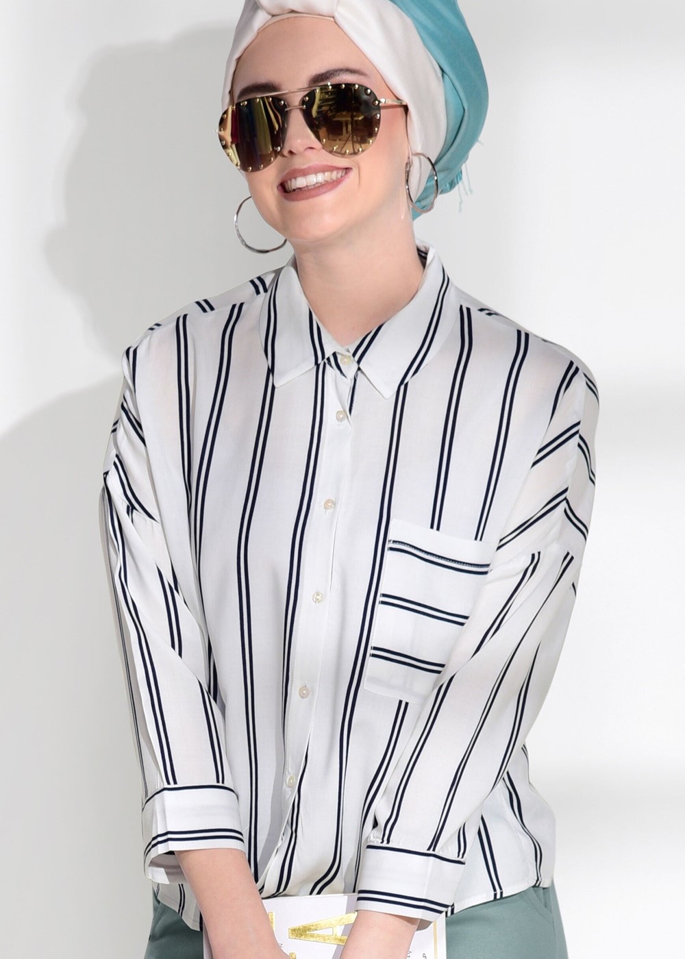 Hijab clothing ECRU T 0805 Bsm-Çizgi Desenli Bluz