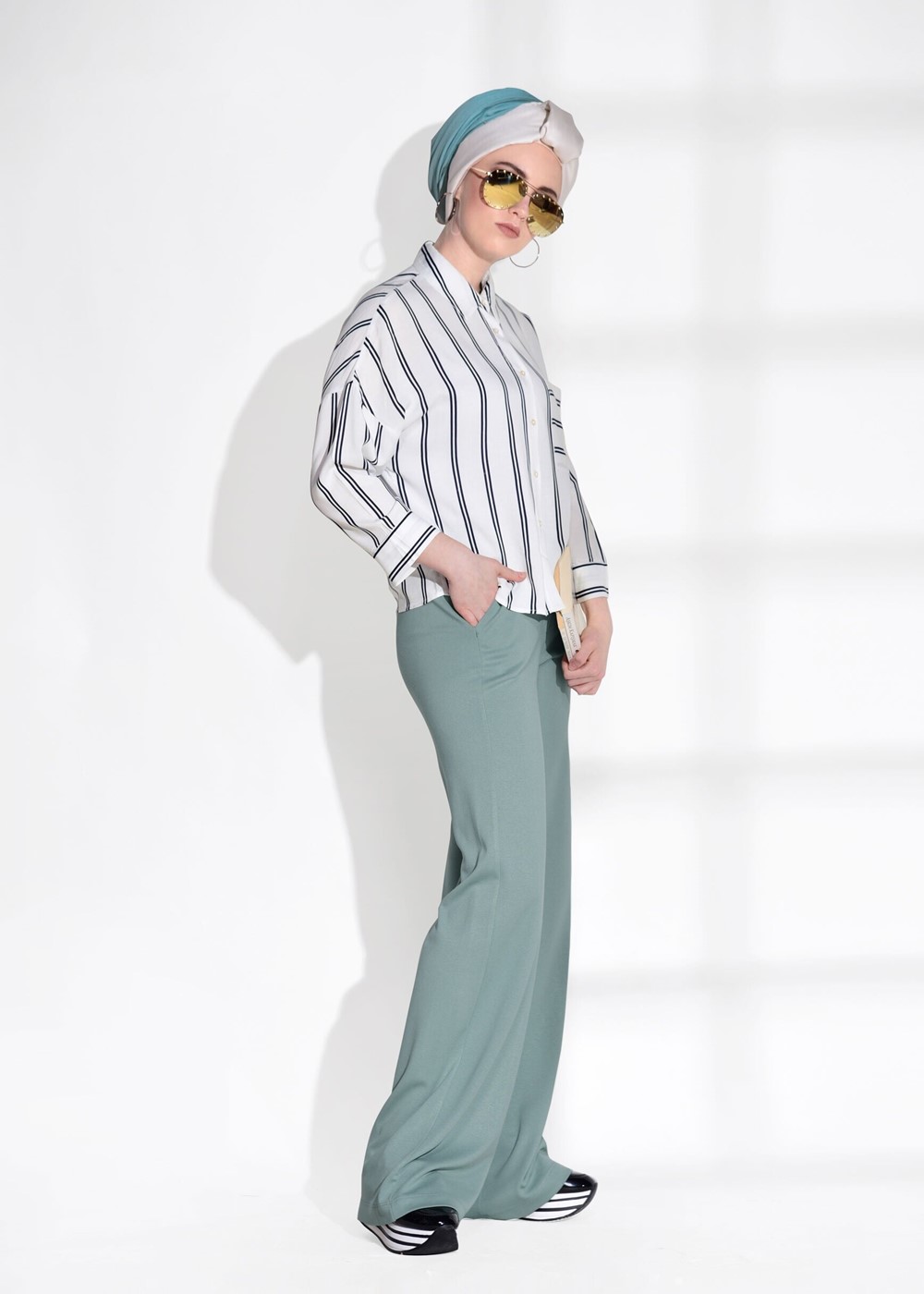 Vêtements hijab ÉCRU T 0805 Bsm-Çizgi Desenli Bluz