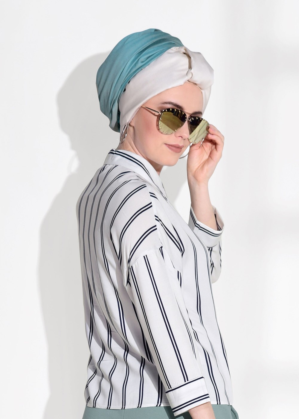 Vêtements hijab ÉCRU T 0805 Bsm-Çizgi Desenli Bluz