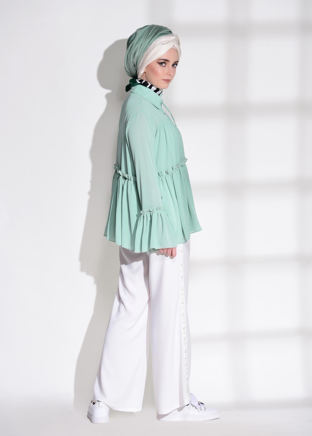 Tesettür giyim YEŞİL FIRFIR DETAYLI BLUZ 2158