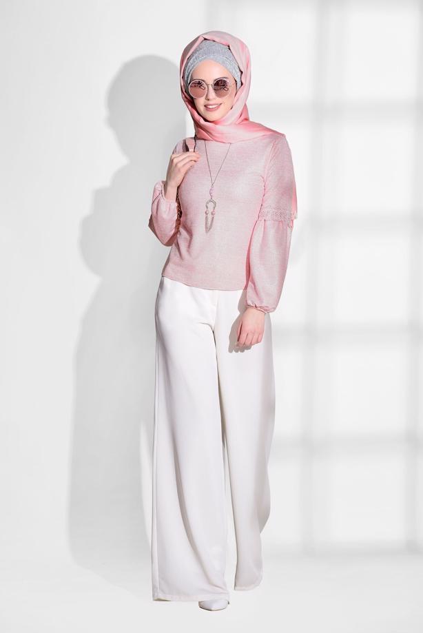 Tesettür giyim  GÜPÜR DETAYLI SİMLİ BLUZ 3208  - TRENDTESETTÜR