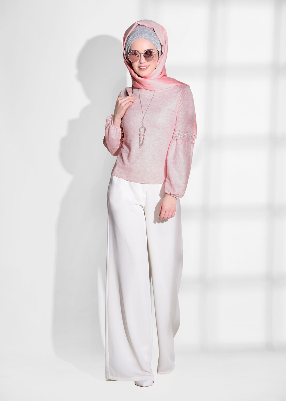 Tesettür giyim PUDRA GÜPÜR DETAYLI SİMLİ BLUZ 3208 
