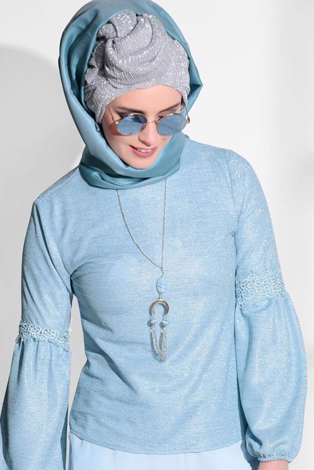Tesettür giyim  GÜPÜR DETAYLI SİMLİ BLUZ 3208  - TRENDTESETTÜR