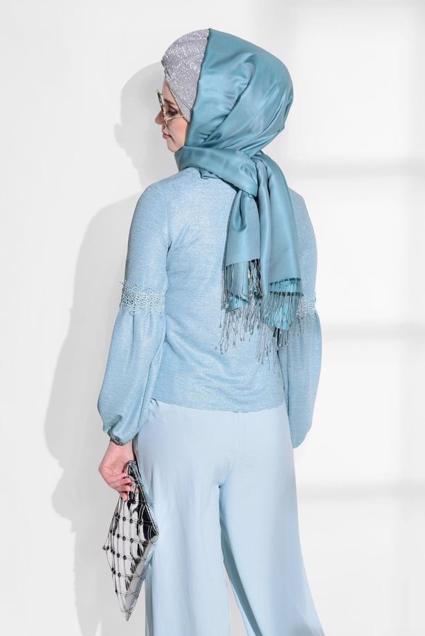 Tesettür giyim  GÜPÜR DETAYLI SİMLİ BLUZ 3208  - TRENDTESETTÜR