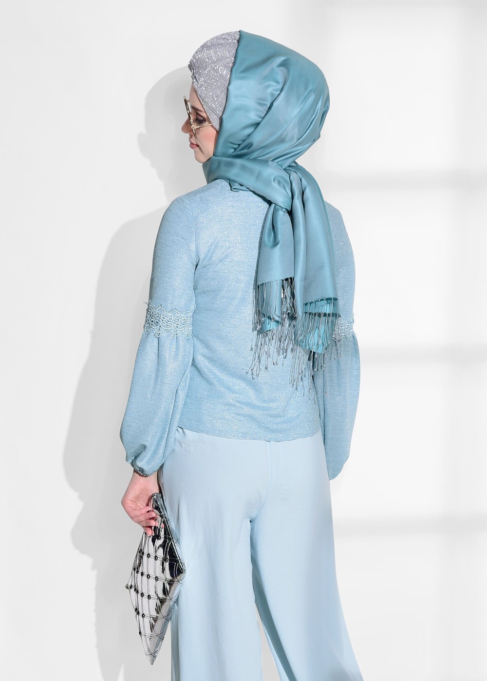 Tesettür giyim YEŞİL GÜPÜR DETAYLI SİMLİ BLUZ 3208 