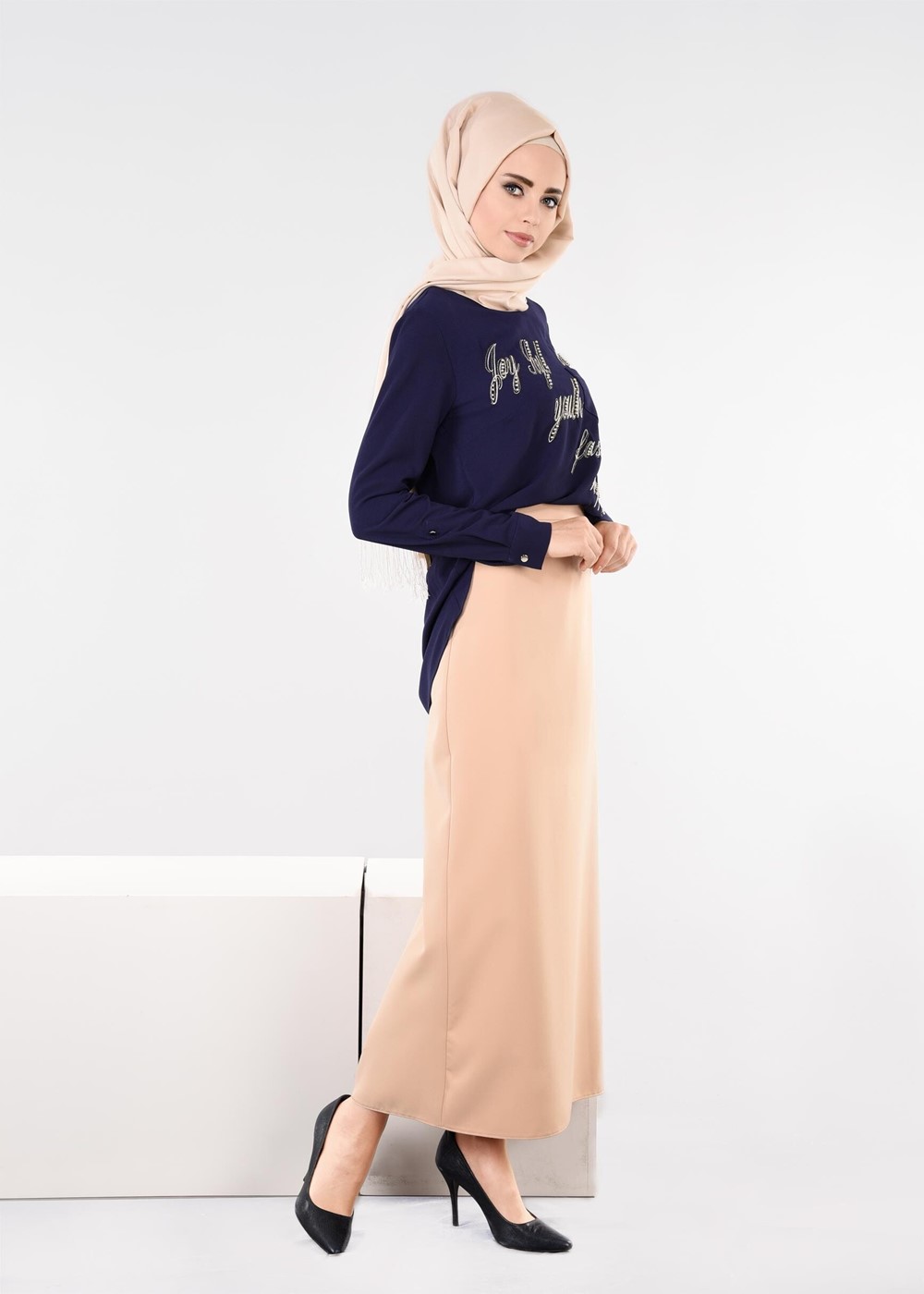 Tesettür giyim LACİVERT YAZI DETAYLI BİSİKLET YAKA BLUZ 4106 