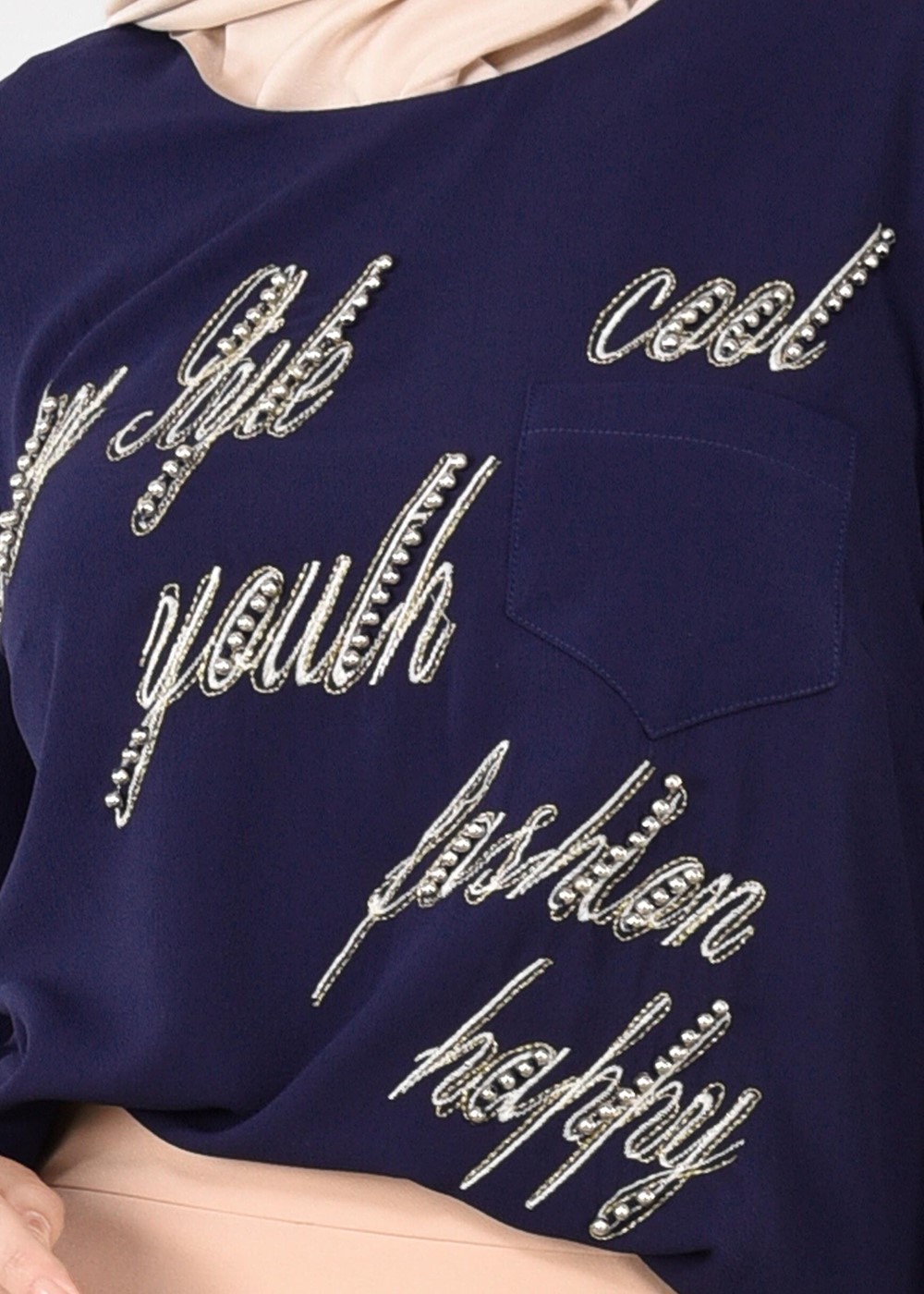 Tesettür giyim LACİVERT YAZI DETAYLI BİSİKLET YAKA BLUZ 4106 