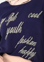 Tesettür giyim LACİVERT YAZI DETAYLI BİSİKLET YAKA BLUZ 4106 