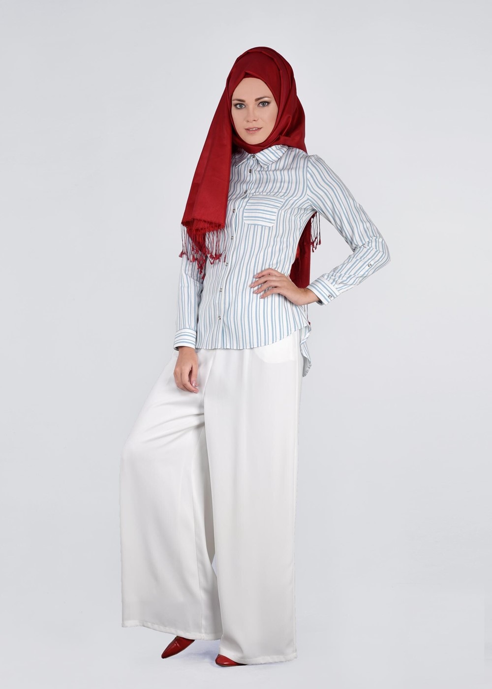 Tesettür giyim MAVİ ÇİZGİLİ CEP DETAYLI BLUZ 4382 