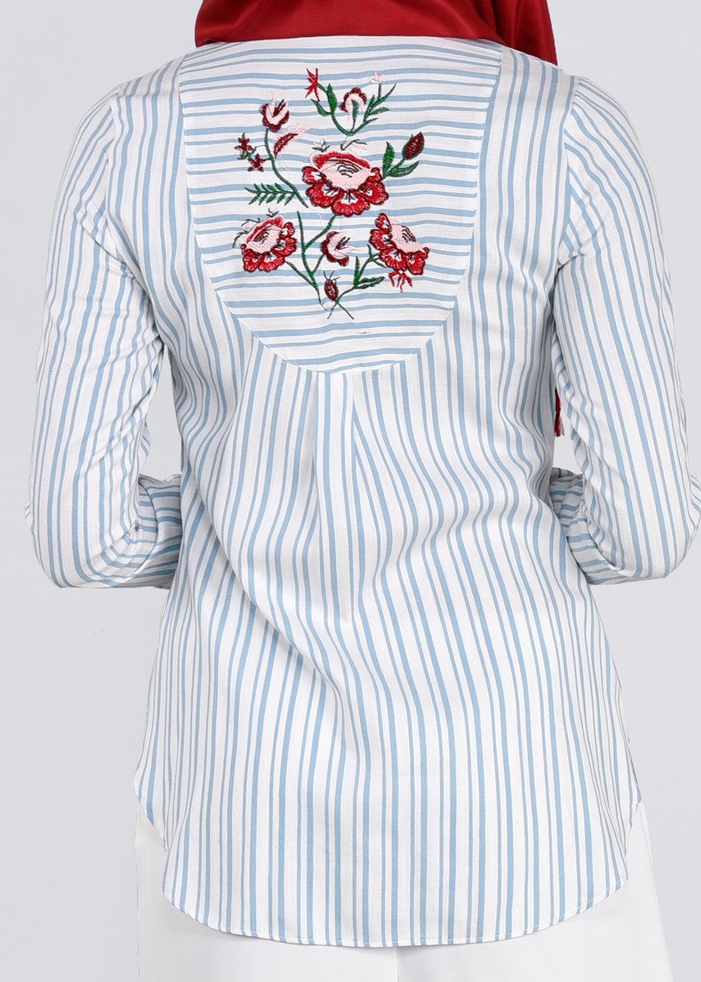 Tesettür giyim MAVİ ÇİZGİLİ CEP DETAYLI BLUZ 4382 