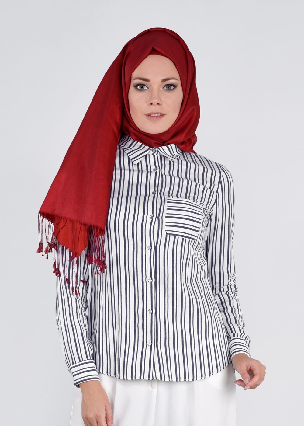 Tesettür giyim LACİVERT ÇİZGİLİ CEP DETAYLI BLUZ 4382 