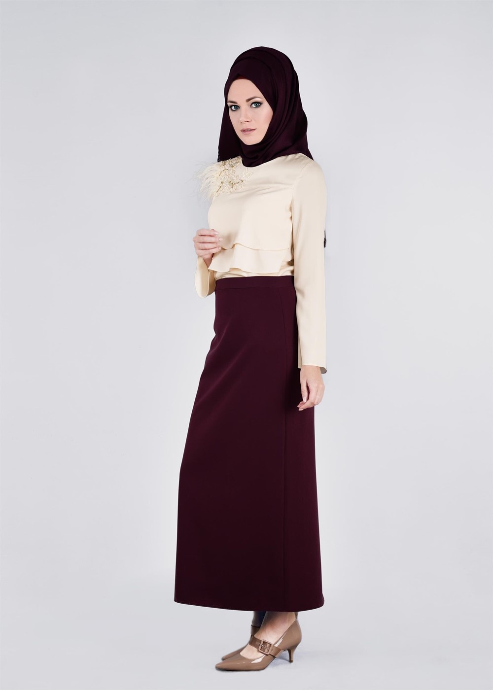 Tesettür giyim BEJ NAKIŞ DETAYLI BLUZ 4416 