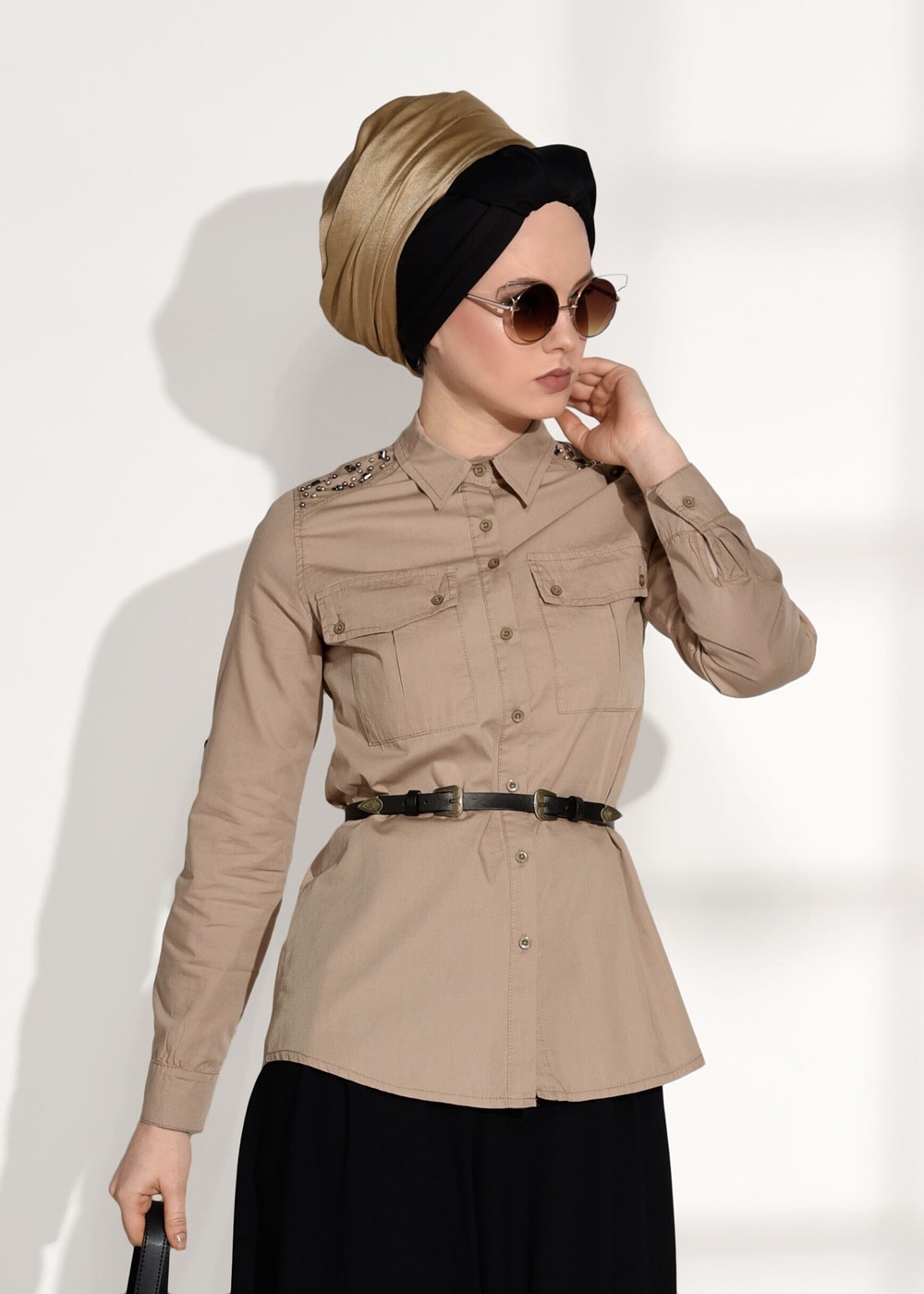 Tesettür giyim KAHVE ZIMBA DETAYLI SPOR BLUZ 4424