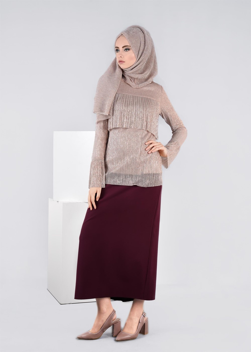 Tesettür giyim PUDRA SİMLİ KUMAŞ VOLANLI BLUZ 4527 